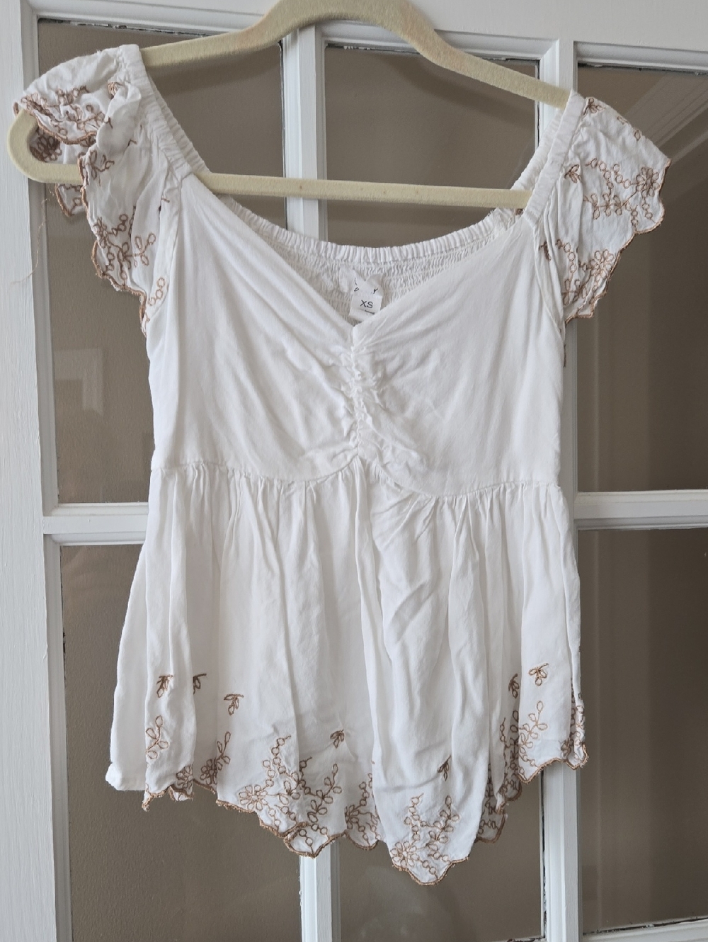 Japna White Peasant Tunic with Tan Embroidery